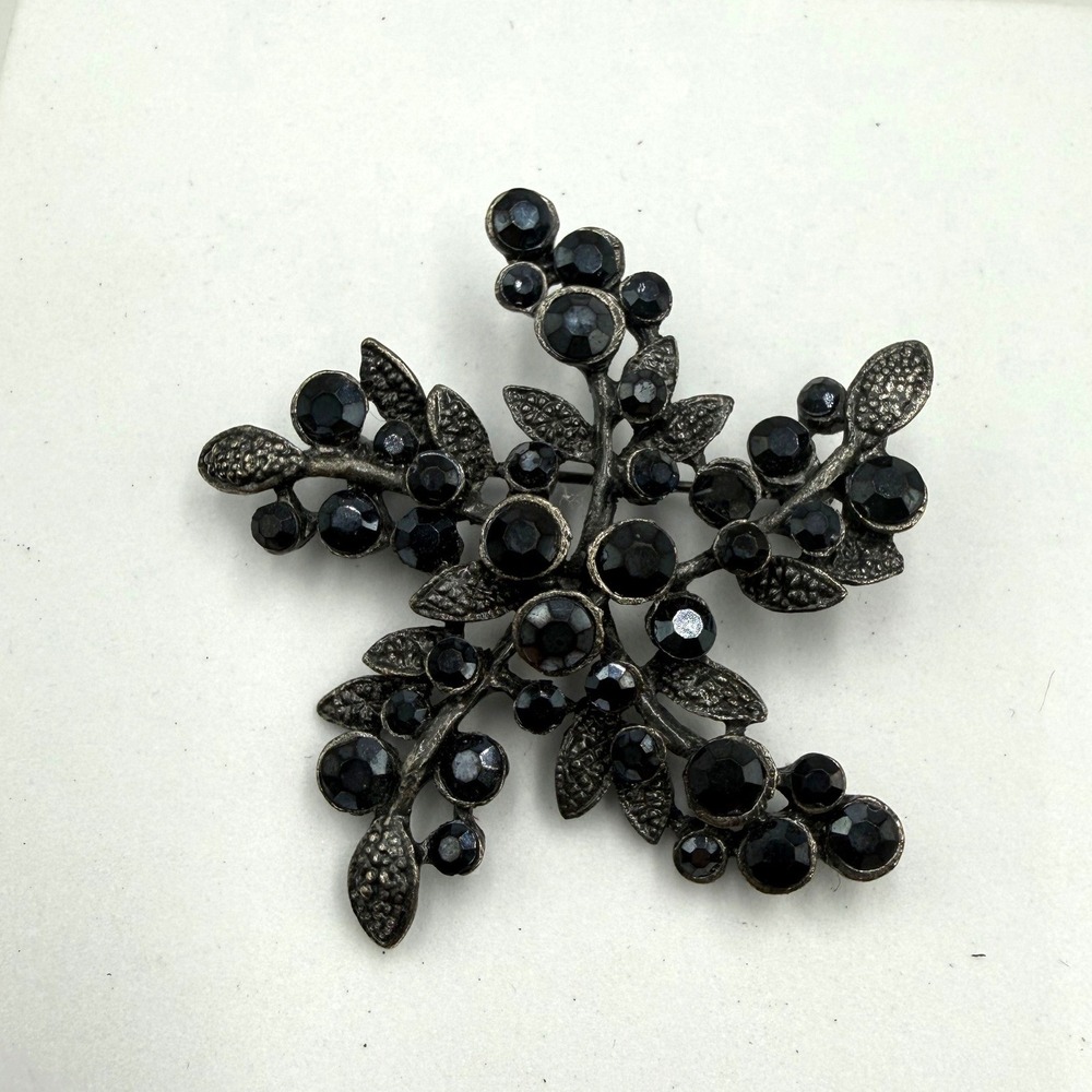 Vintage Gunmetal Black Rhinestone Starburst Brooch Pin Floral Snowflake Goth